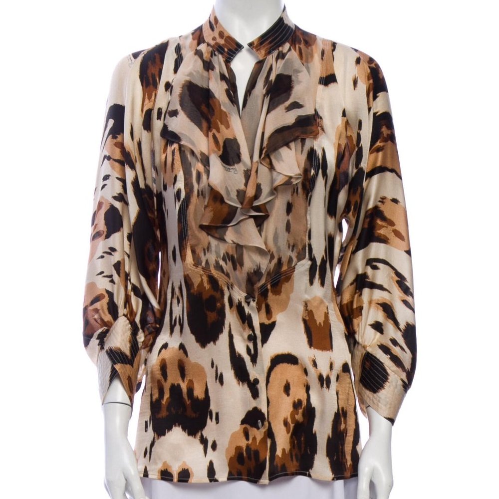 ROBERTO CAVALLI Silk Ruffled Animal Print Blouse